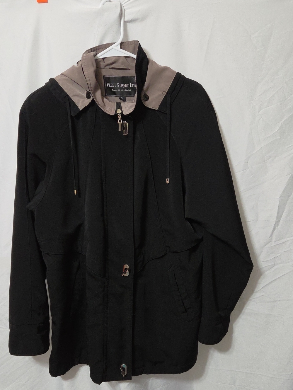 Black Casual Jacket with Removable Liner Taupe Hood, Size Large, Excellent Cond